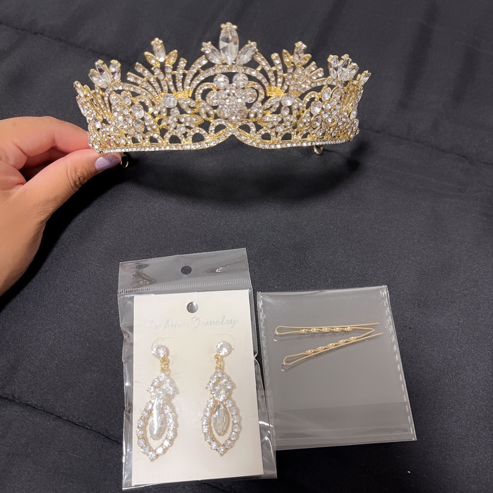 Brinote Bridal Crown Gold with pearls, Brinote Bridal Crown,Tiaras,Earrings